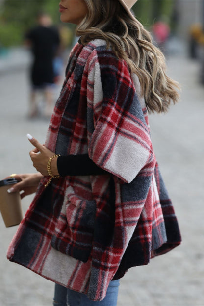 Fuzzy Plaid Hooded Short Sleeve Coat coats