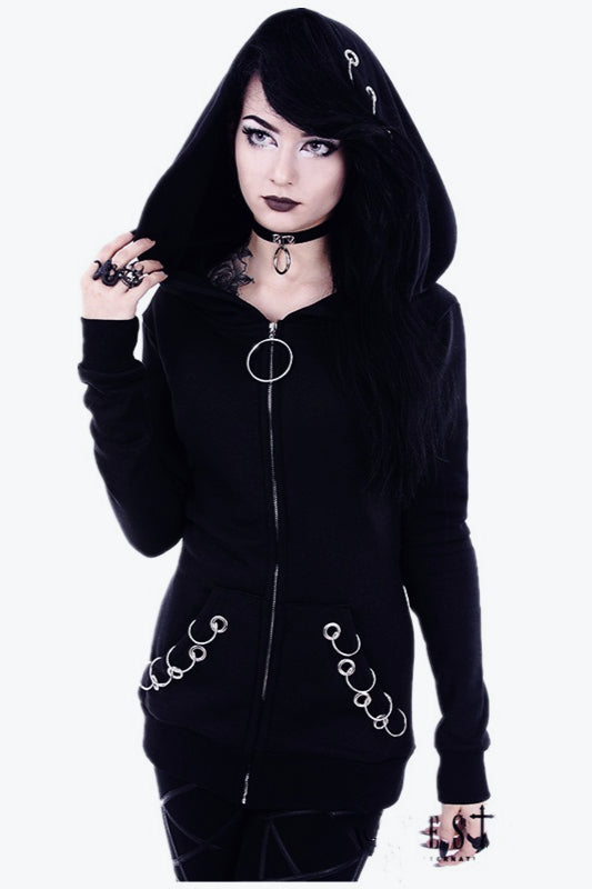Black Punk Metal Ring Hoodie