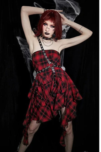 Halloween Sexy Red Black Plaid One Shoulder Dress