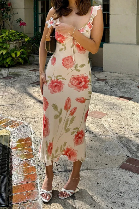 Floral Mesh V Neck Midi Dress