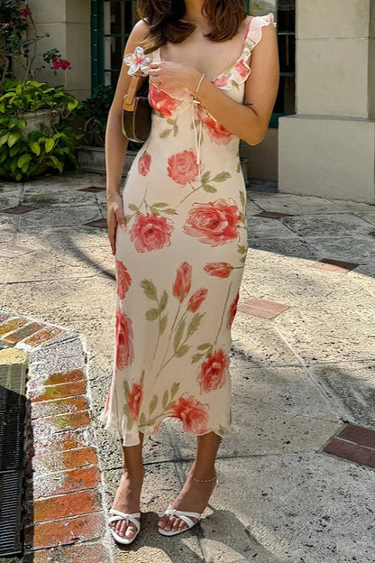 Floral Mesh V Neck Midi Dress