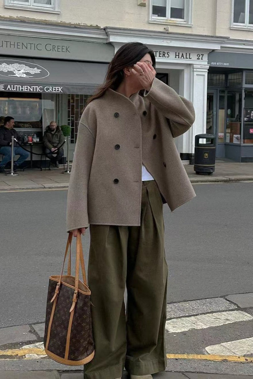 Short Double-Breasted Wool Jacket S / Khaki