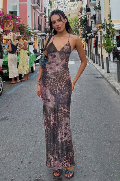 Weird Puss Print Backless Maxi Dress