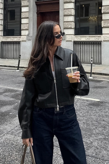 Loose Fit Matte Leather Short Jacket coats