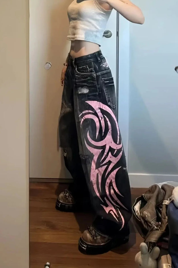 Gothic Print Wide Leg Jeans