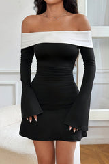 Flare Sleeve Color Block Cocktail Dress