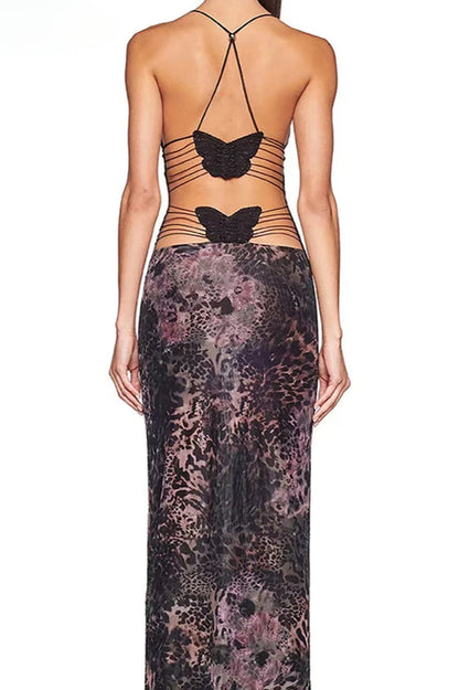 Weird Puss Print Backless Maxi Dress