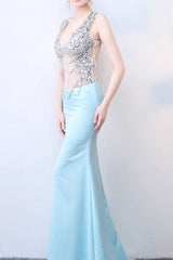 Sheer Blue Deep V Neck Maxi Party Dress