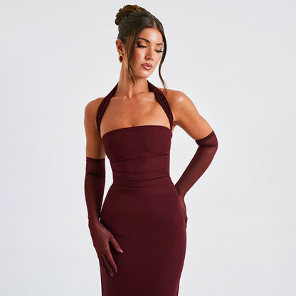 Hudson Maxi Dress With Stole And Gloves - Maroon
