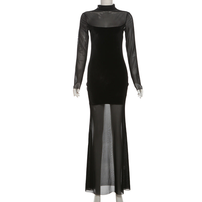 Velvet Crush Sheer Dress - Black