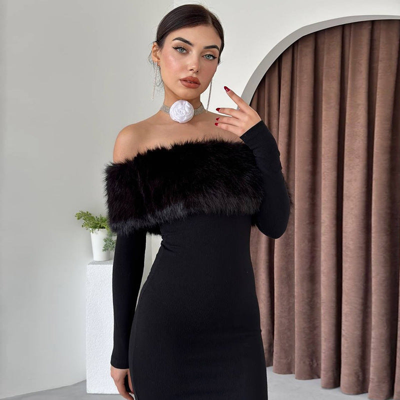 Onyx Fur Midi Dress - Black