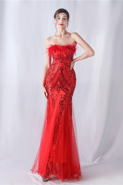 Ostrich Feather Sequin Evening Party Dress Red / S
