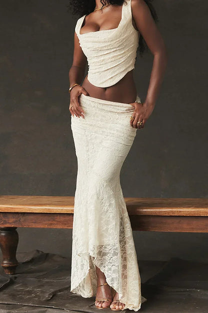 Elegant Lace Up Crop Top & Maxi Skirt Boho Dress