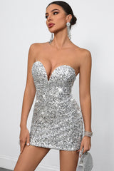 Deep V Strapless Sequin Mini Dress
