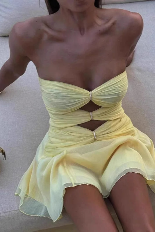 Solid Pleat Strapless Mini Dress