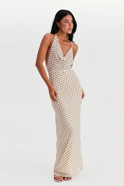 Polka Dot Halter Neck Sleeveless Maxi Dress