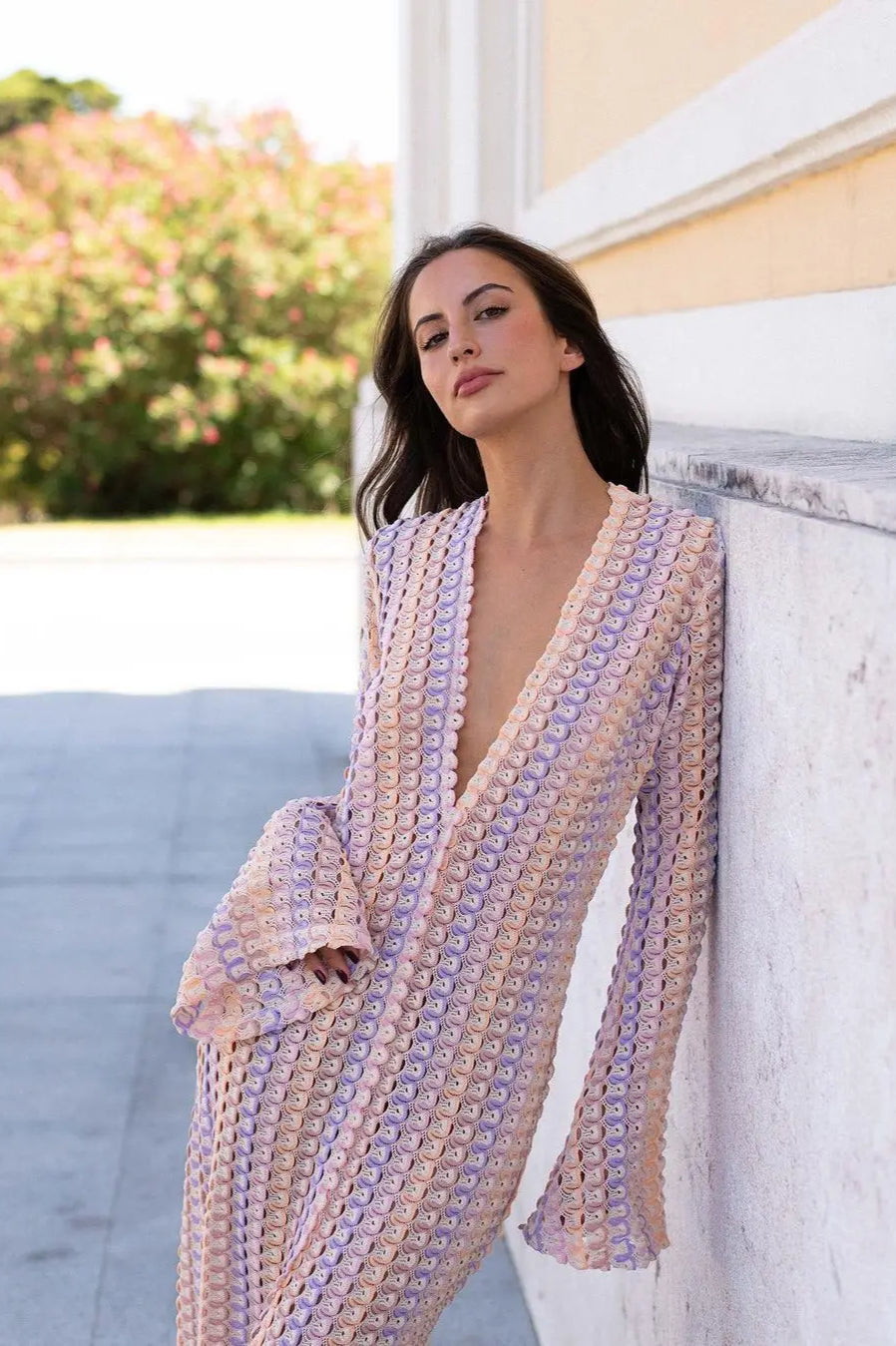 Crochet Colorful Stripe V-Neck Flare Sleeve Maxi Dress