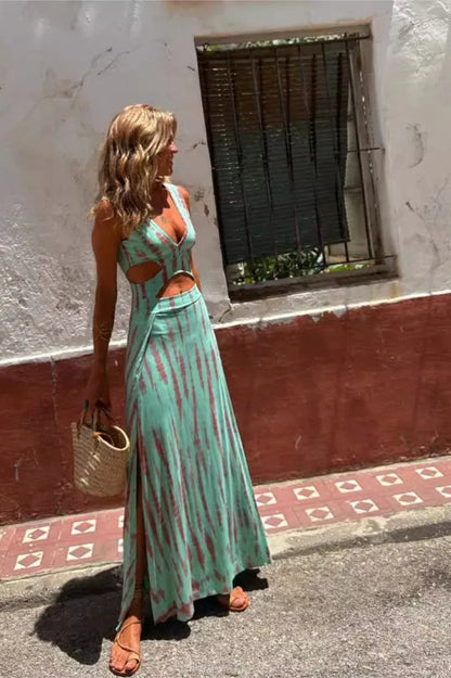 Print Slim Sleeveless V-Neck Hollow Out Maxi Dress