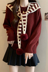 Striped Shawl Collar Pom Pom Solid Sweater