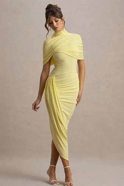 Solid High Neck Pleated Slim Waist Maxi Dress