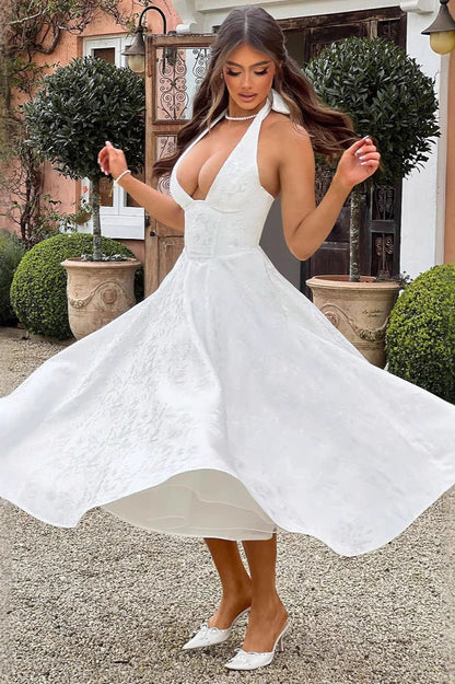 Jacquard Halter V-Neck Party Dress