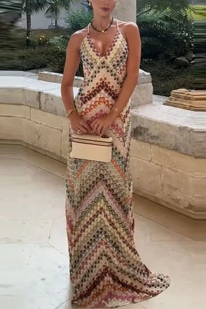 Contrast Color V-neck Sleeveless Slim Maxi Dress