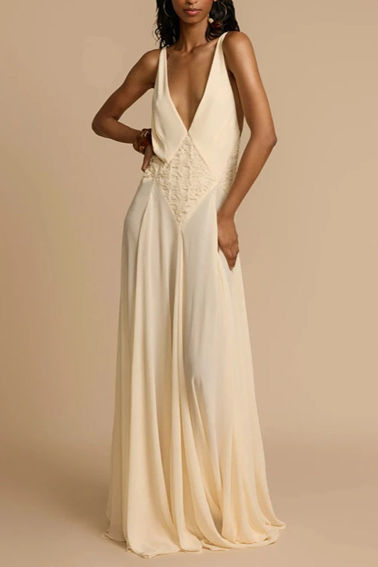 Deep V Neck Lace Patchwork Boho Dress