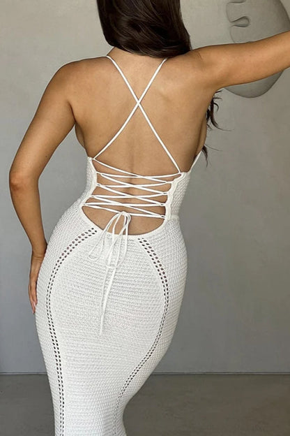 Backless Tie Up Knitted Hollow Out Maxi Dress
