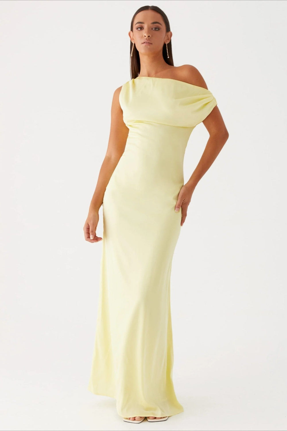 Solid Asymmetric Neckline Formal Dress S / Yellow