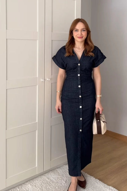 Denim Lapel Zipper Midi Dress