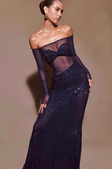 Off Shoulder Rhinestone Maxi Dress