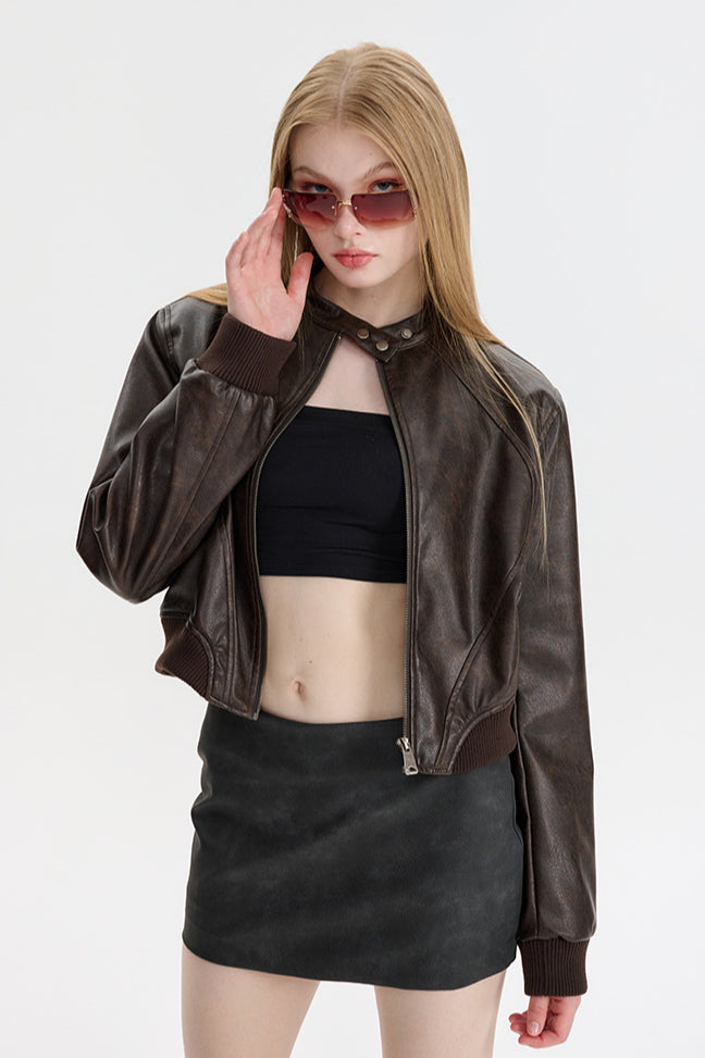 PU Leather Zip Up Bomber Jacket