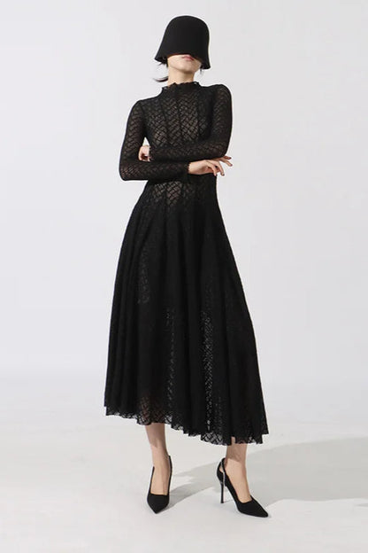 Hollow Out Mesh High Collar Slim Fit Maxi Dress