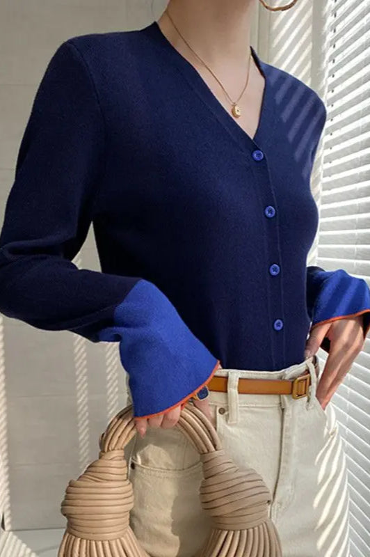 Flare Sleeve Colorblock Knit V Neck Cardigan Blue / S