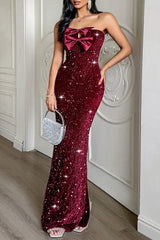 Strapless Bow Maxi Party Dress S / Red