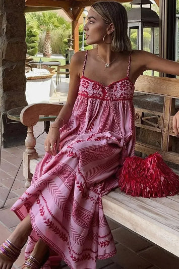 Boho Spaghetti Strap Tassel Boho Dress Pink / S