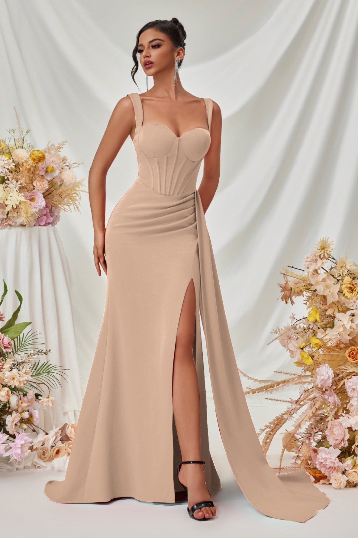 Sexy Bodycon Slit Maxi Party Dress XS / Apricot