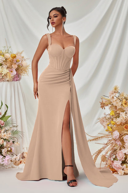Sexy Bodycon Slit Maxi Party Dress XS / Apricot