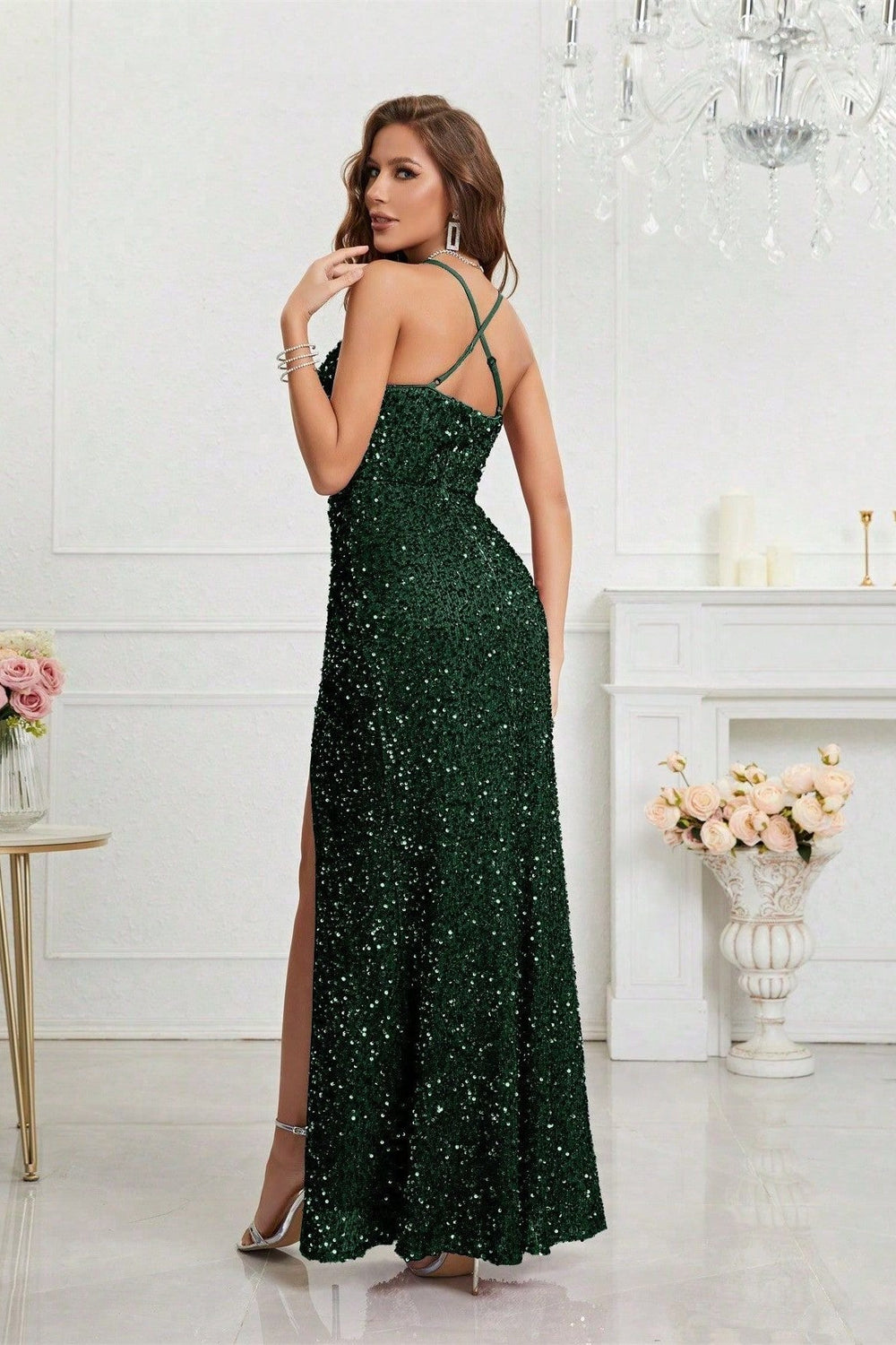 Sequin V Neck Bodycon Formal Dress S / Green