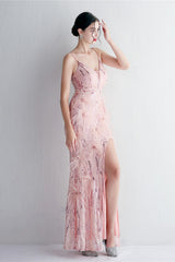 Intricate Beadwork Figure Hugging Gown Formal Dress S / Pink