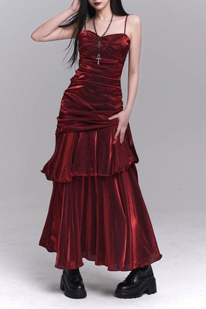Asymmetrical Burgundy Ruffled Cami Party Dress S / Red