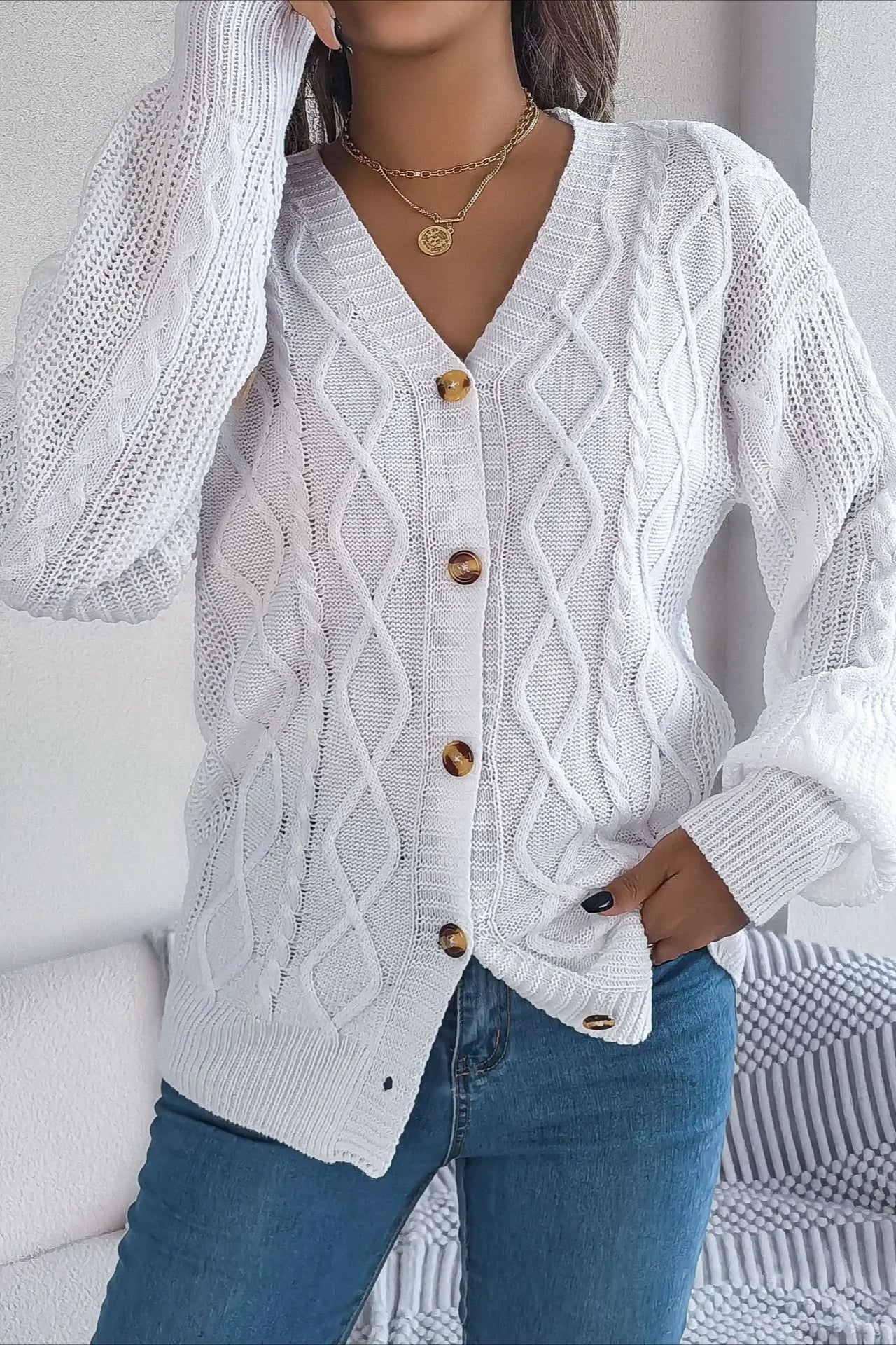Knitted Long Sleeve Loose Single Breasted Cardigan White / S