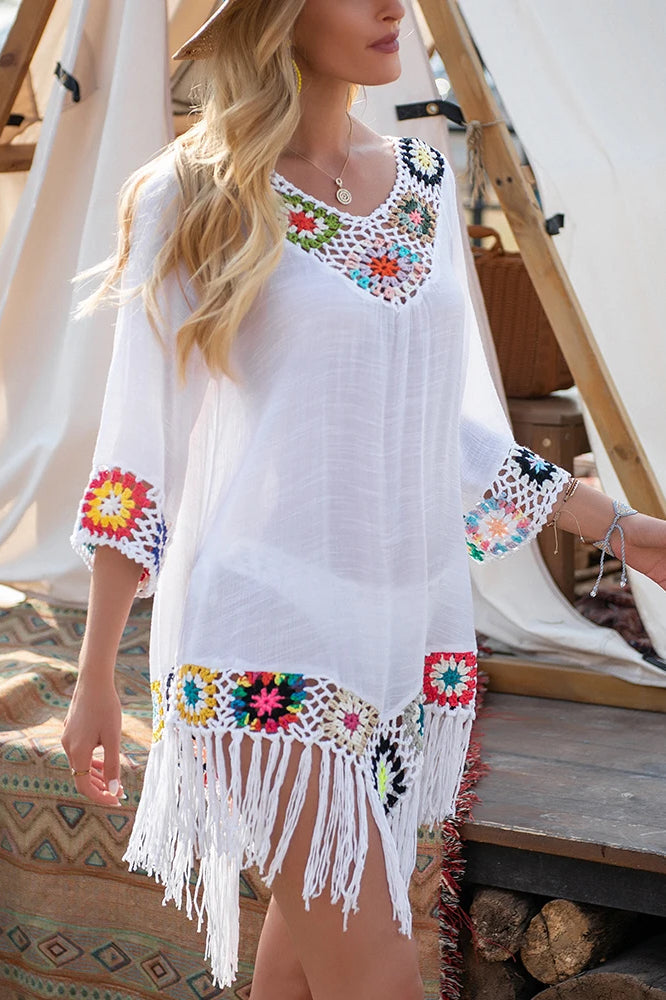 White Fringe Trim Boho Dress White / one size