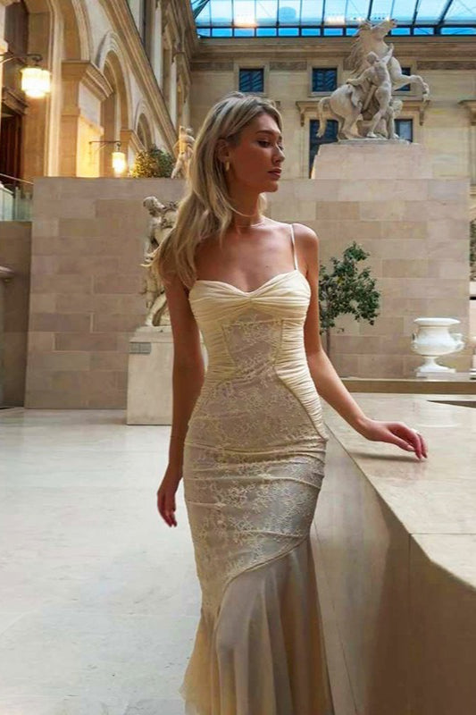 Lace Ruffle Slip Maxi Formal Dress