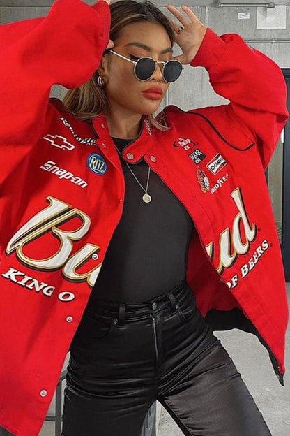 Casual Red Print Zip Jacket Red / S