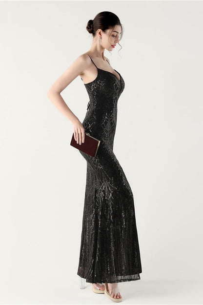 Sequin V Neck Cross Strap Mermaid Maxi Dress