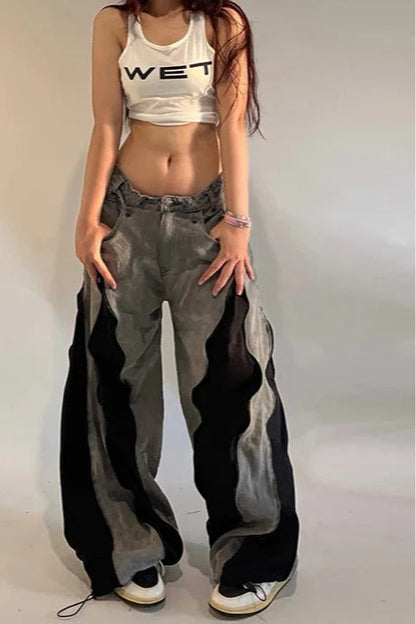 Harajuku Patchwork Wide Fit Jeans Grey / S