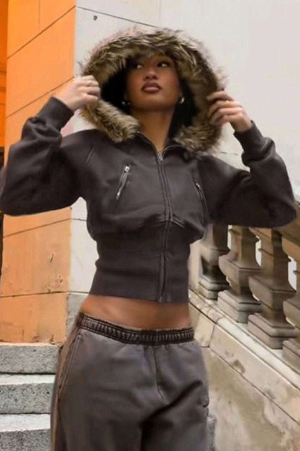 Street Style Fur Trim Sweatshirt Jacket