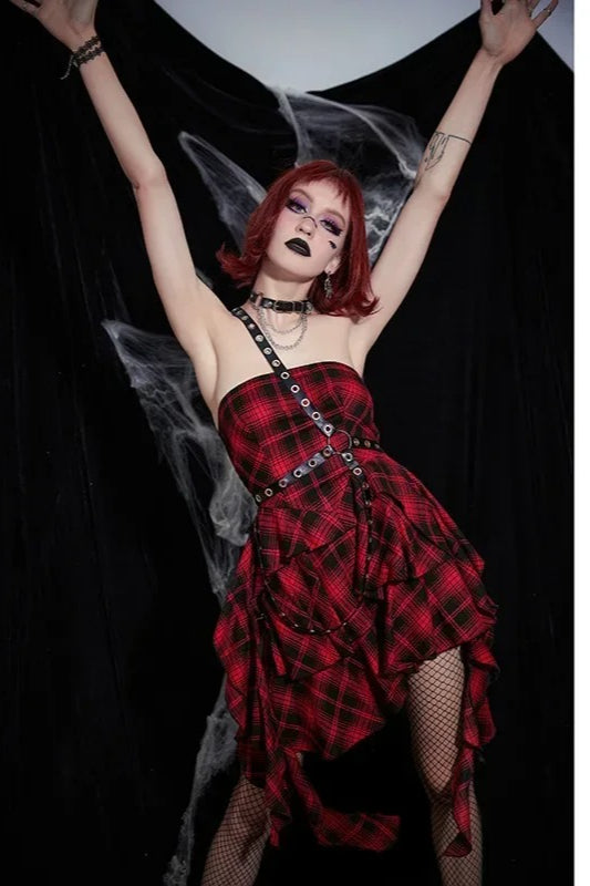 Halloween Sexy Red Black Plaid One Shoulder Dress