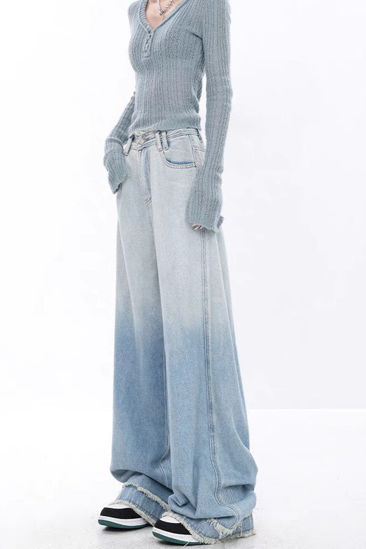 High Waist Draped Gradient Ripped Jeans